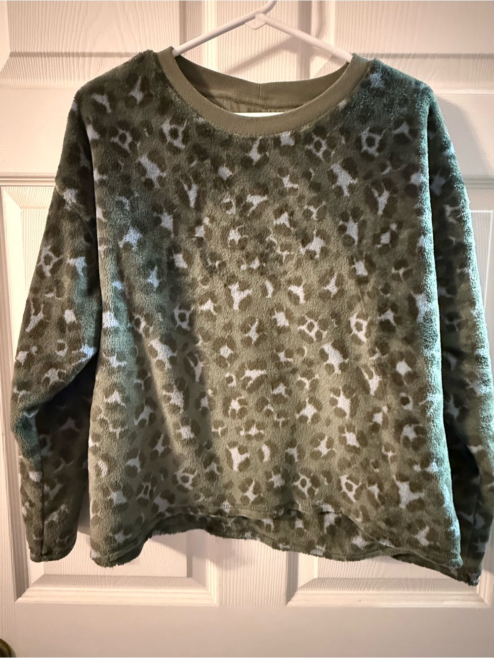 aerie Olive Green Leopard Plush Crewneck Sweater